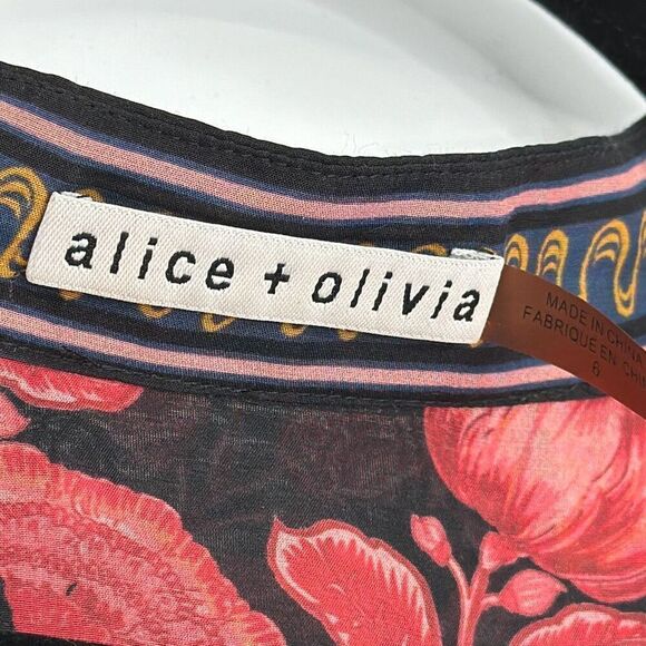 Alice + Olivia Multicolored Floral Mandarin Long Sleeve V-neck Mini Dress Size 6 - Picture 3 of 11